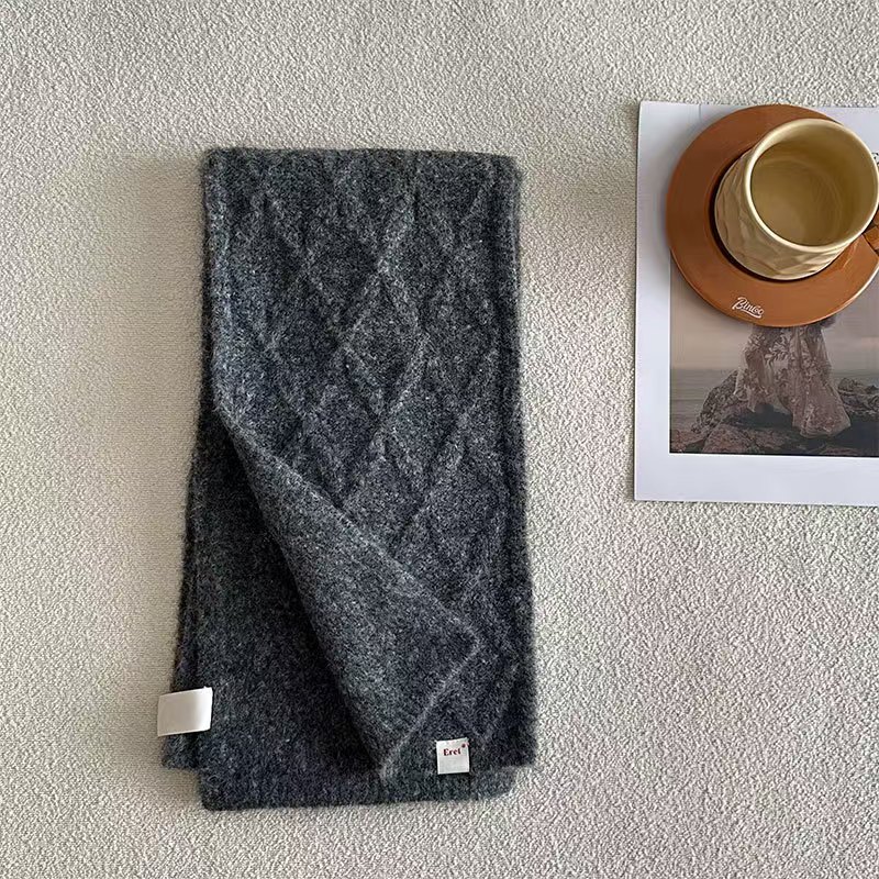 K087 Retro diamond double-sided warm knitted scarf Korean style solid color with wool versatile soft neck scarf for couples