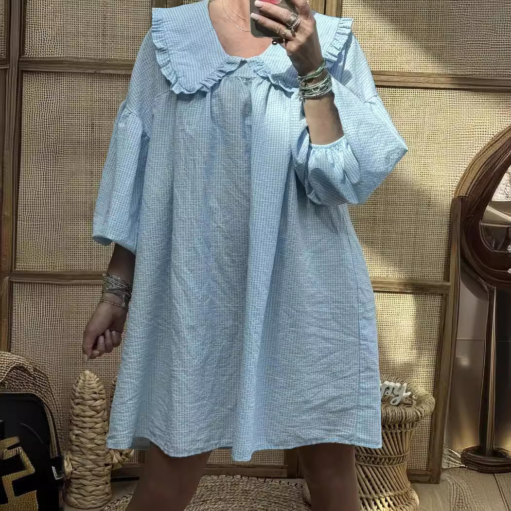 Women Spring Y2K Aesthetic Gingham Plaid Print Dress Puff Long Sleeve Coquette Loose Dress Vintage A-Line Mini Dress Streetwear 240821