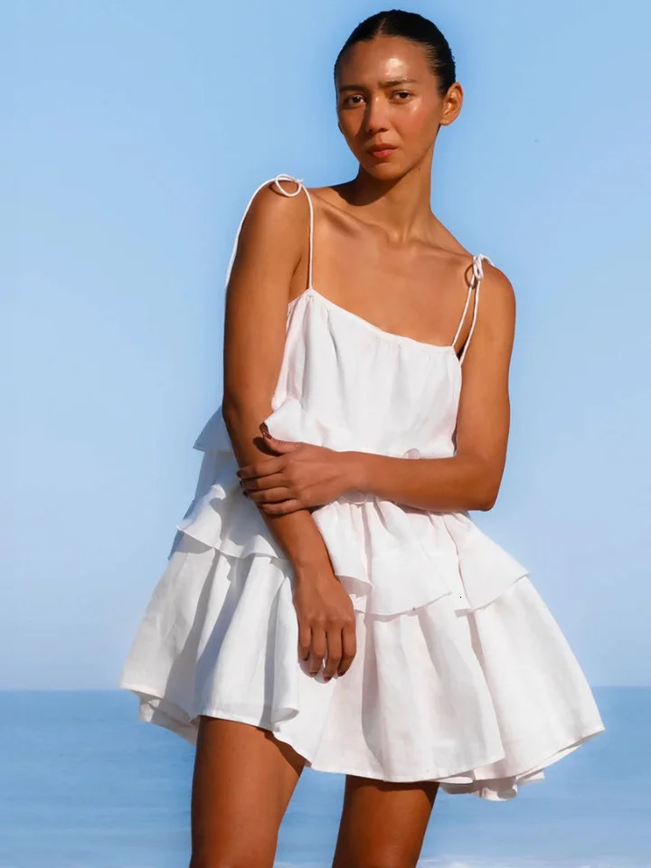 Pink Short Dress Woman Cotton Layered Loose Beach Sundress Summer Strap Sleeveless Ruffle Babydoll Dresses White 250306