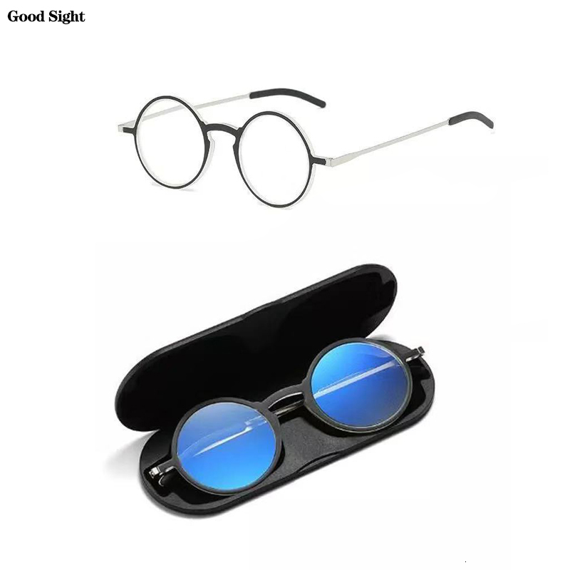 Thin Reading Protable Pocket Presbyc Eye Anti-Blue Ray Spectacles Eyeglasses With Case Round Glasses Frame +2
