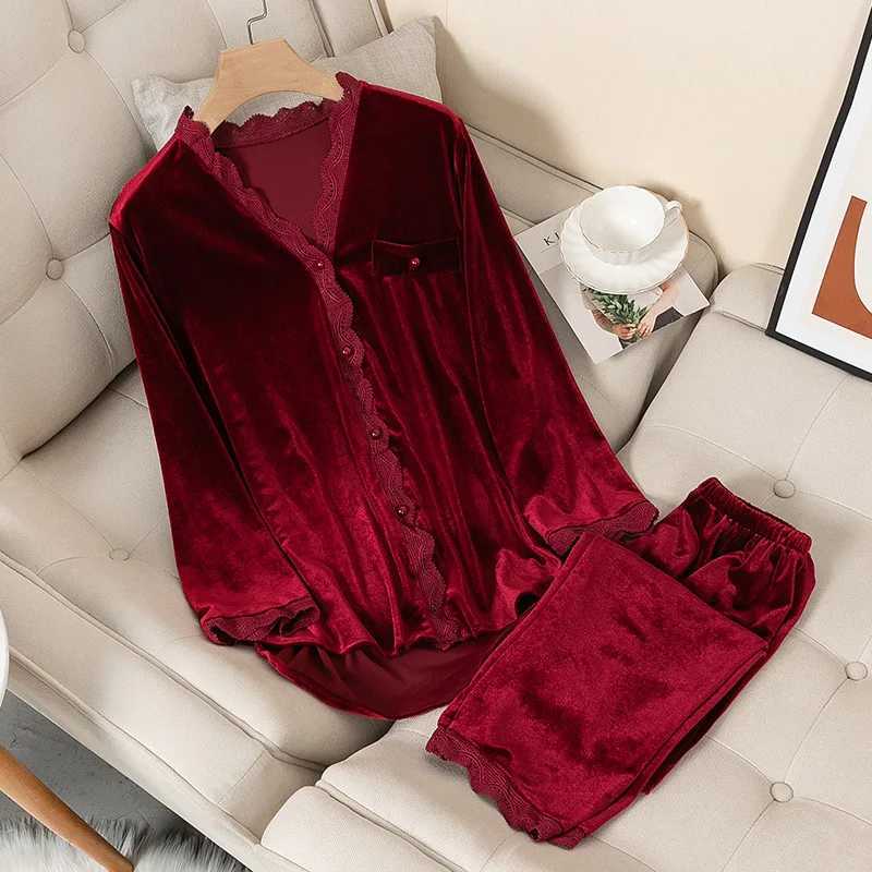 Velvet Pajamas Women Autumn Winter Sleepwear Long Sleeve Casual Nightwear Pyjamas Suit Loose Home Clothes Lace Trim Sleep SetC250310