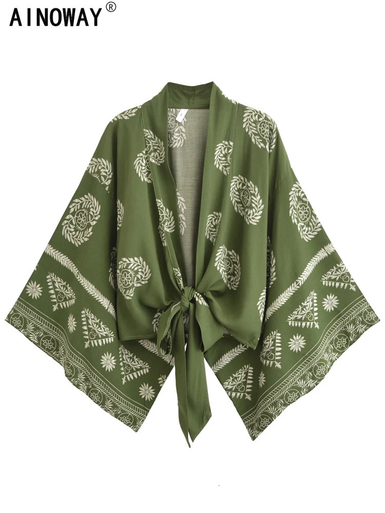 Retro womens fashionable bohemian kimono short skirt swimsuit floral print batwing sleeves bohemian bikini top beachwear 250305Z