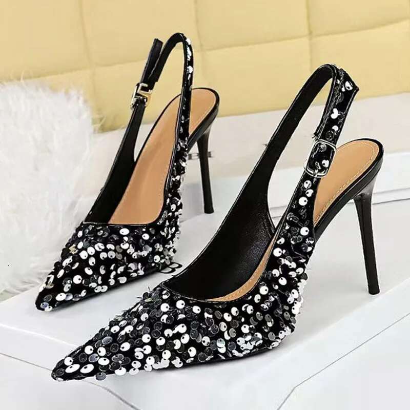Fashion Gold Sequined Ankle Strap Women Pumps Elegant Pointed Toe Sgbacks Stiletto High Heels Wedding Prom Shoe Size 43
