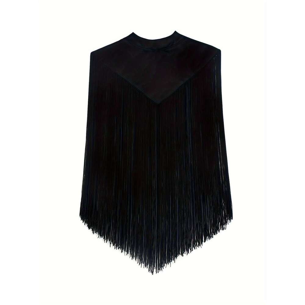 Vintage Mandarin Collar Tassel Cape, Polyester Non-Stretch Solid Color Flared Hem, Regular Fit, Woven H-e Contour, Spring/Summer/Fall