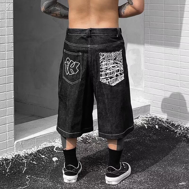 Y2k street clothing new shorts Harajuku hip-hop letter patch denim shorts mens retro fashion oversized basketball sports shorts 240701