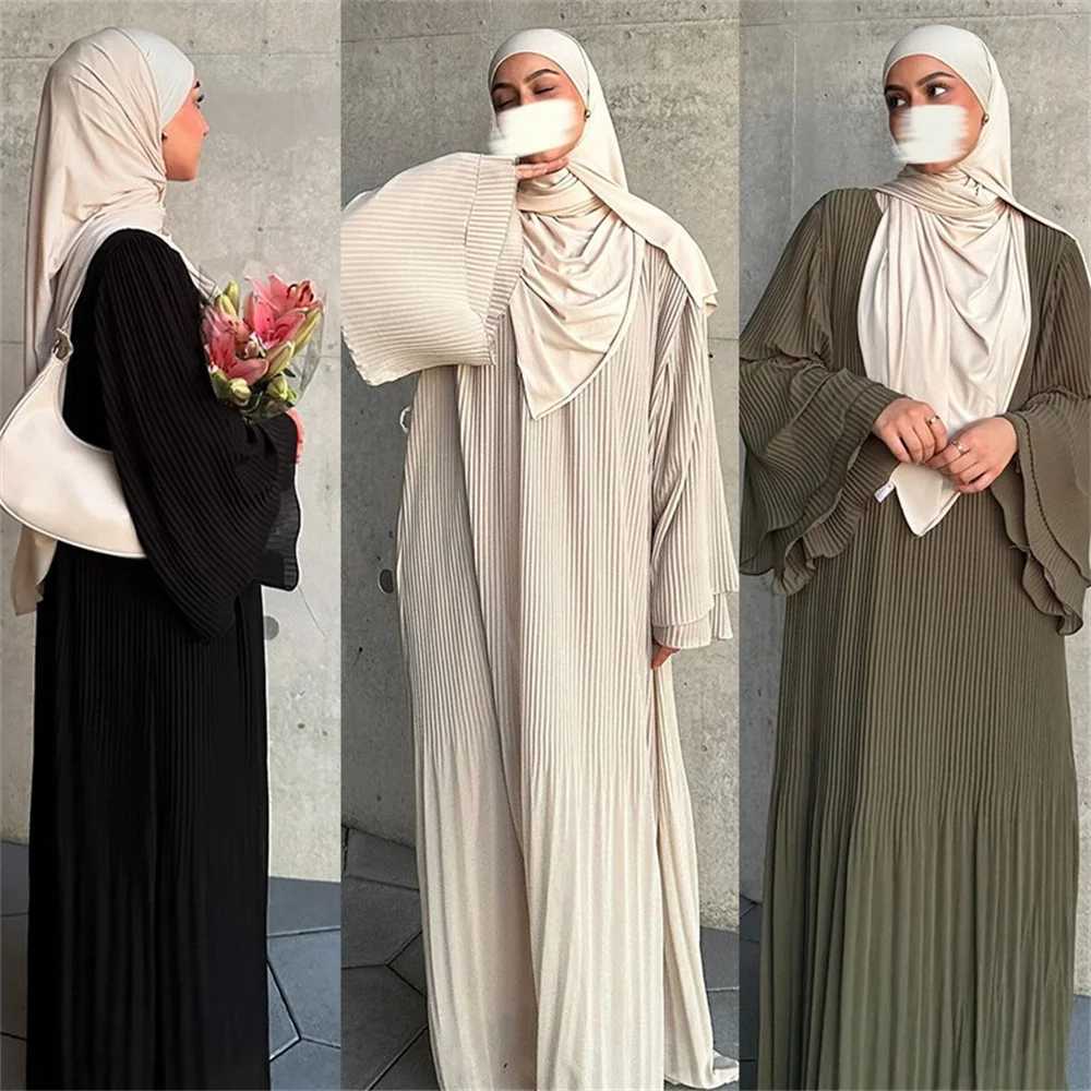 Eid al Fitr womens pleated flame Sve Jalabiya Ktan Islam Vestitos Arab long robe Ramadan Morocco Dubai Abayas 2024 W250310