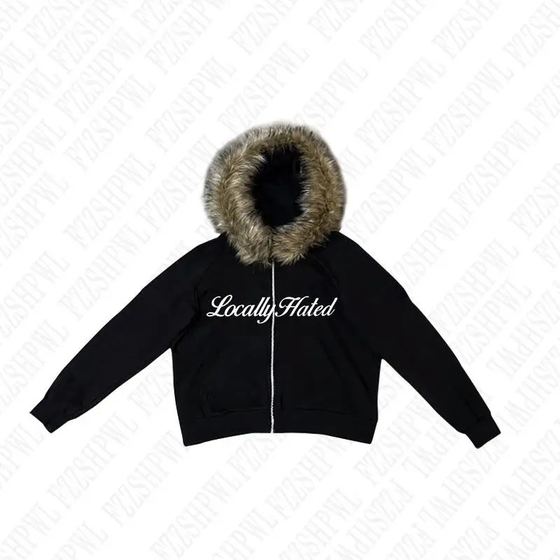 Grunge Goth dark faux fur collar Harajuku Y2K zipper hoodie streetwear hiphop sweater retro punk loose jacket 250311