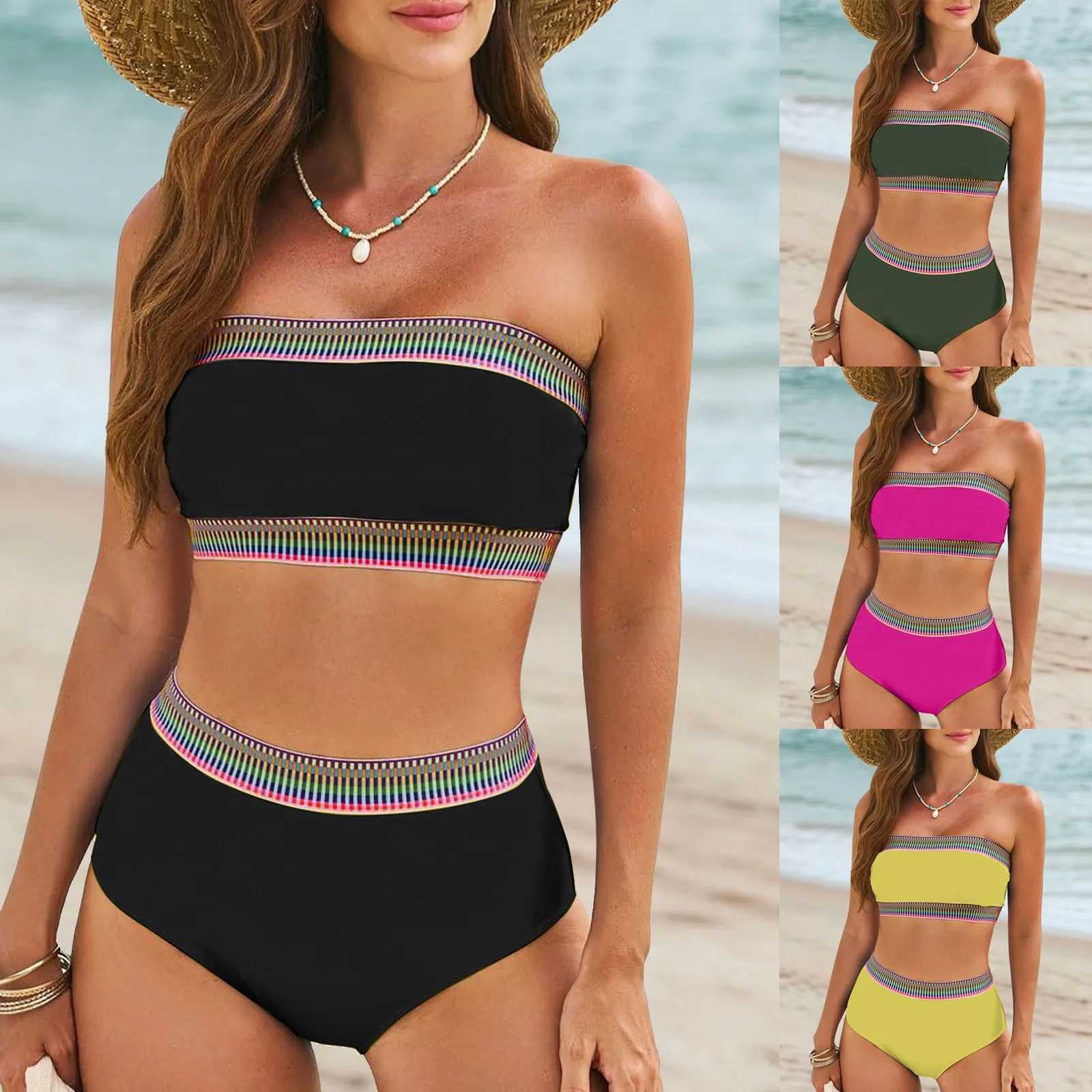 2024 Trend Womens Bikini Sets Tube Crop 2 Piece Push Up Bra High Waisted Wrap Hip Swimsuit Beach Vacation Biquini T250602