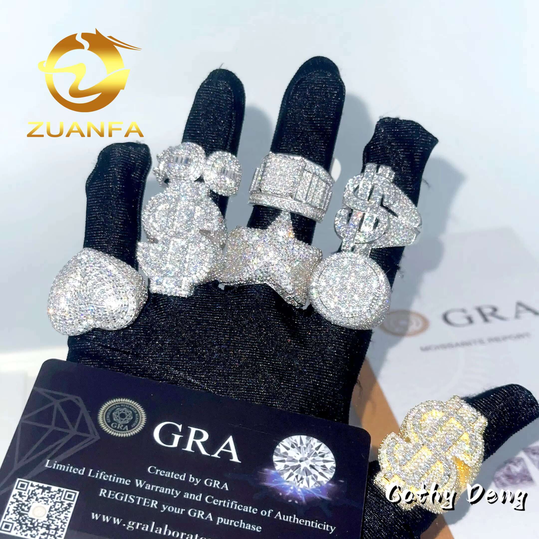 Zuanfa Jewelry Hot Selg Hip Hop Heart Full Pave Sterg Sier Ice Out Moissanite Men Dia Ring