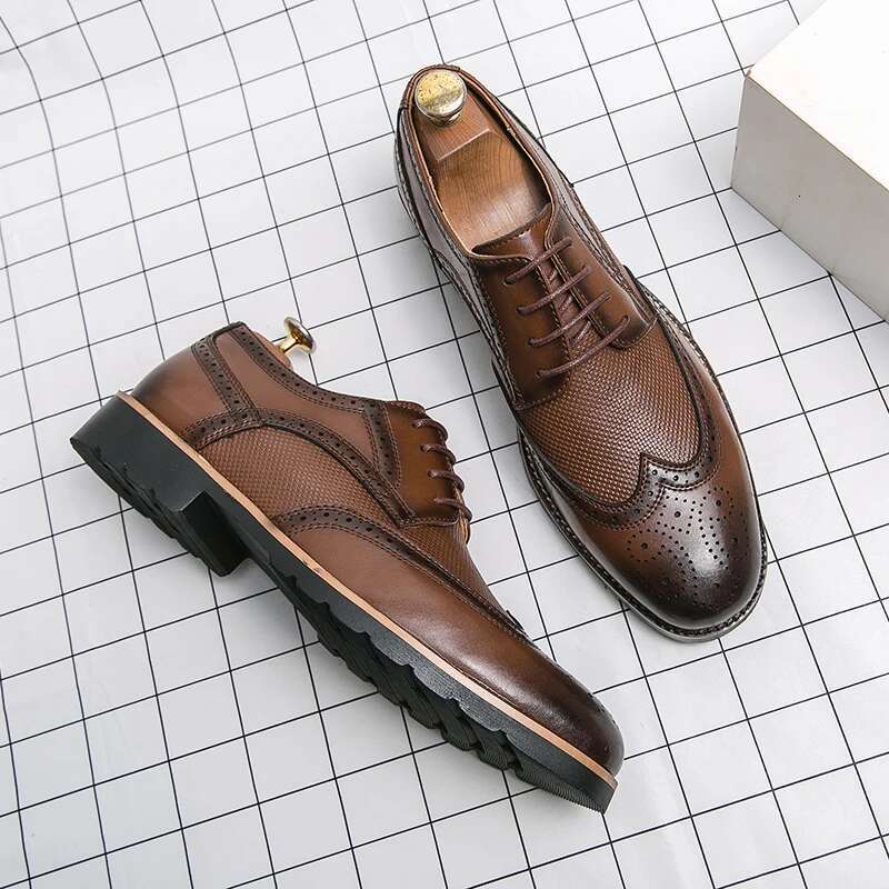 Handmade Mens Wingtip Oxford Grey Leather Brogue Men's Dress Classic Business Formal Shoes For Men Atillas Hombre