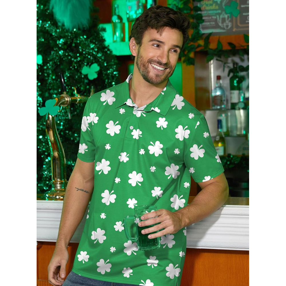 Mens Polo shirt Mens St Patricks Polo Shirt Irish Clover Short Sleeve Golf Shirts Polos shirts tshirt Casual tops summer clothes Short sleeve