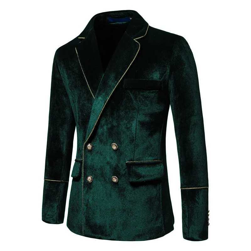 Dark Green Men Tuxedo Velvet Suits 2Pcs For Party Stage Performance Gold Trim Wedding Prom Banquet Mens Set Jacket Dress Blazer W250310