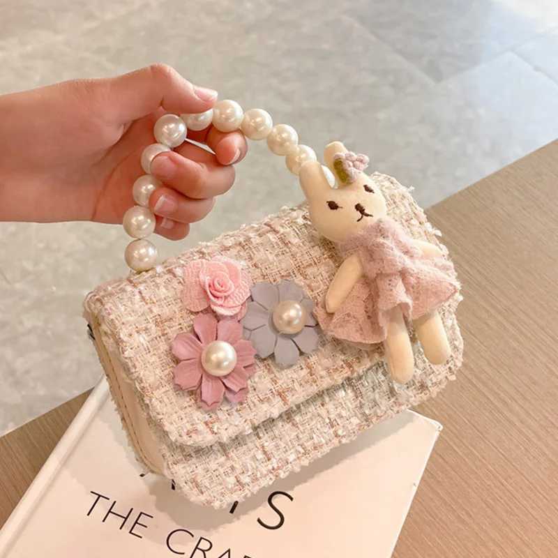 Children Wallet New Small Bag Cute Girl Classic Coin Purse Tweed Handbag Flower Beading Princess Kid Money Bag Baby Shoulder BagT250310