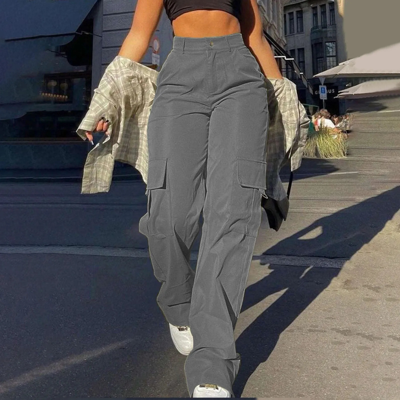 Womens Loose Cargo Pants High Waist Wide Leg Solid Color Full Length Trousers with Pockets Casual All Seasons Long Pants 250305