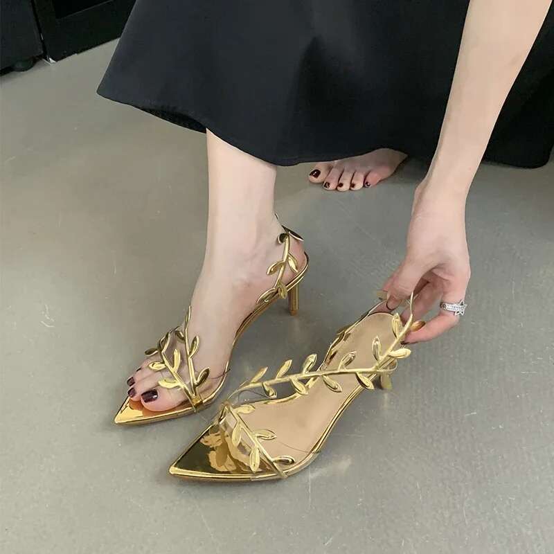 Xibeilove 2025 Summer Ladies Heels Fashion Pointed Leaf Gold Sier High Heel Sandals Women Party Wedding Shoes