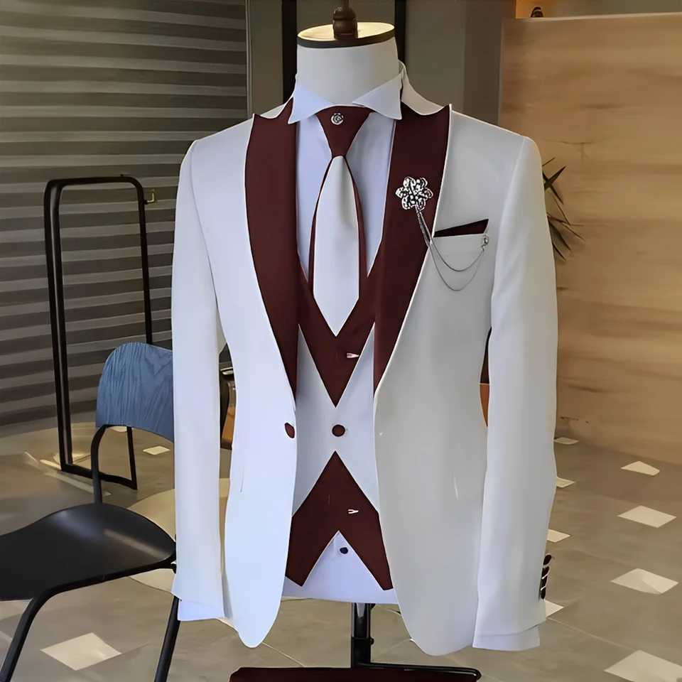Clothing White mens clothing black top wedding evening gown Terno Masculino Prom Groom 3 pieces ultra-thin suitable for mens jacket set W250310