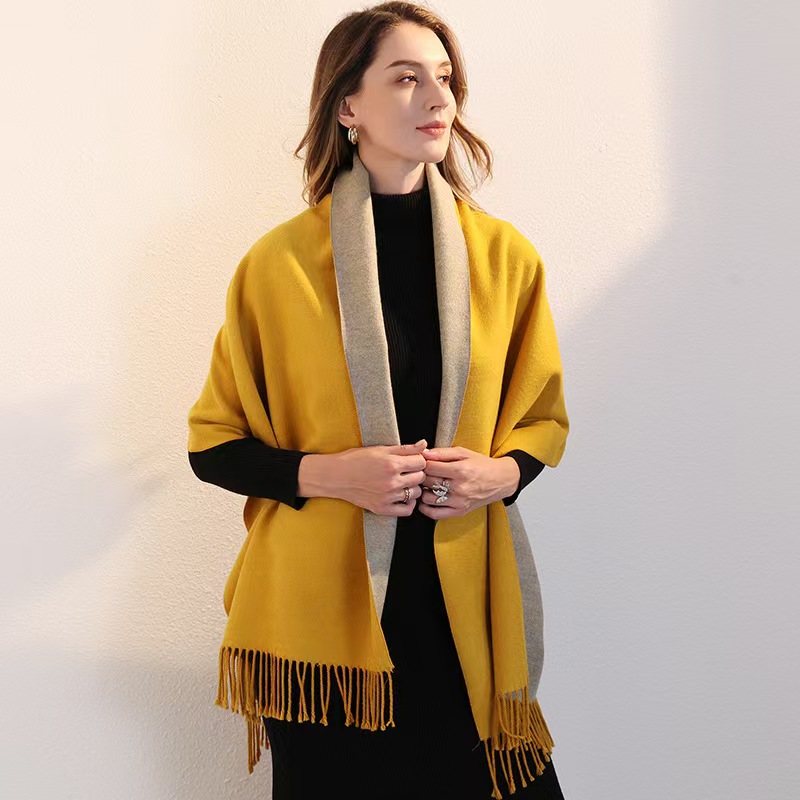 K088 Shanghai Story Autumn and Winter Solid Color Imitation Cashmere Scarf Double-sided Women's Fashionable and Versatile Lengthened Thick Tassel