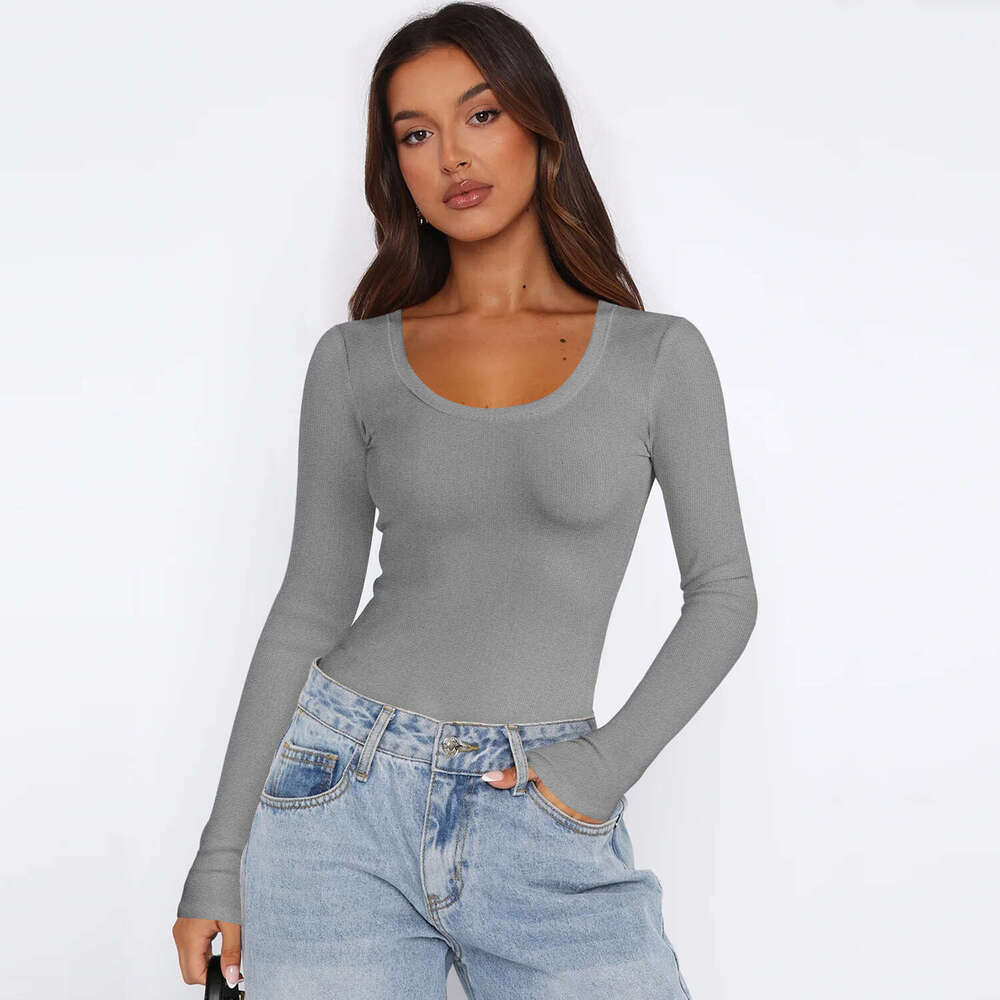2024 New Solid Color Thread U-Neck Bottom Y2K Clothing Slim Fit T-shirt Women's Summer Shoulder Top