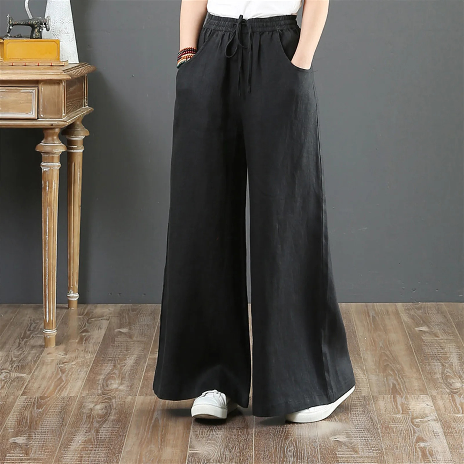 Lady Orange High Waisted Floor Length Trousers Women Drawstring Wide Leg Pants With Pocket Solid Color Loose Fit Female Pants 250305