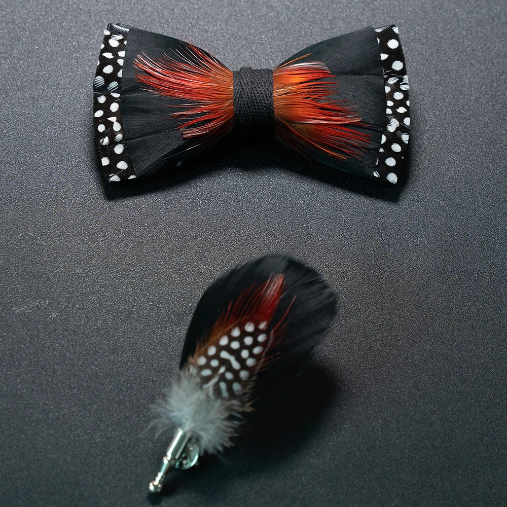 Wedding Bow Tie for Men Classic Black Pre-tied Bowtie brooch Set Party feather Butterfly Knot Gift Man Accessories 250306