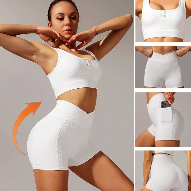 Yoga Outfit New Cross Waist Sports Fitness Cycling Hip Lifting High Pocket Tight Bra Shorts Pants H250307