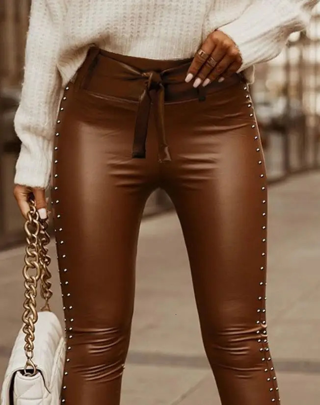 Womens pants 2025 spring fashion stud decoration tie details PU leather plain weave high waisted Casaul tight daily pants 250305