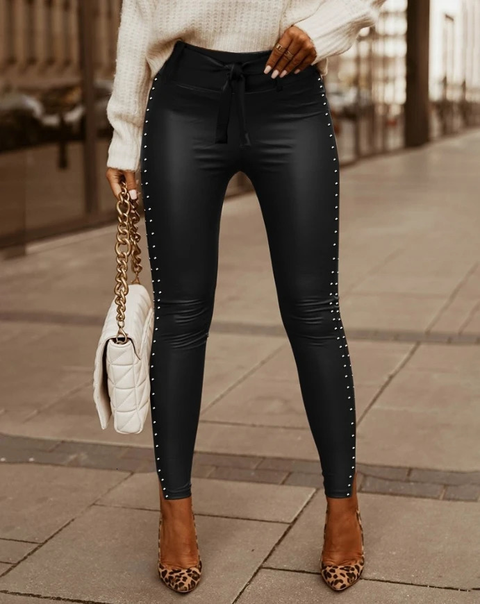 Womens pants 2025 spring fashion stud decoration tie details PU leather plain weave high waisted Casaul tight daily pants 250305