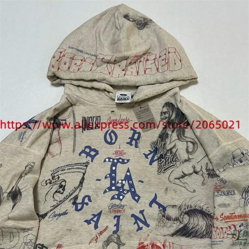 SAINT Rhinestone BORN RAISED Hoodie Men Women 1 High Quality Vintage Full Print Graffiti Pullovers 250310