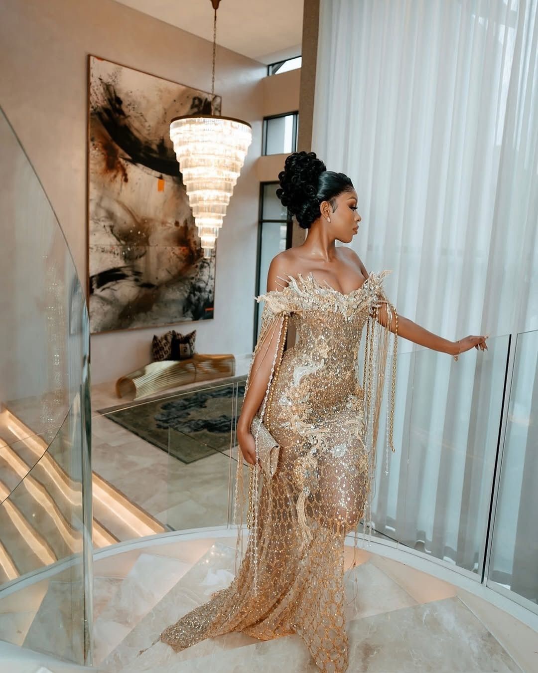 Gold Illusion Mermaid Prom Dresses 2025 Florals Crystals Sequined Evening Formal Party Second Birthday Engagement Gowns Plus Size Dress For Special Oc