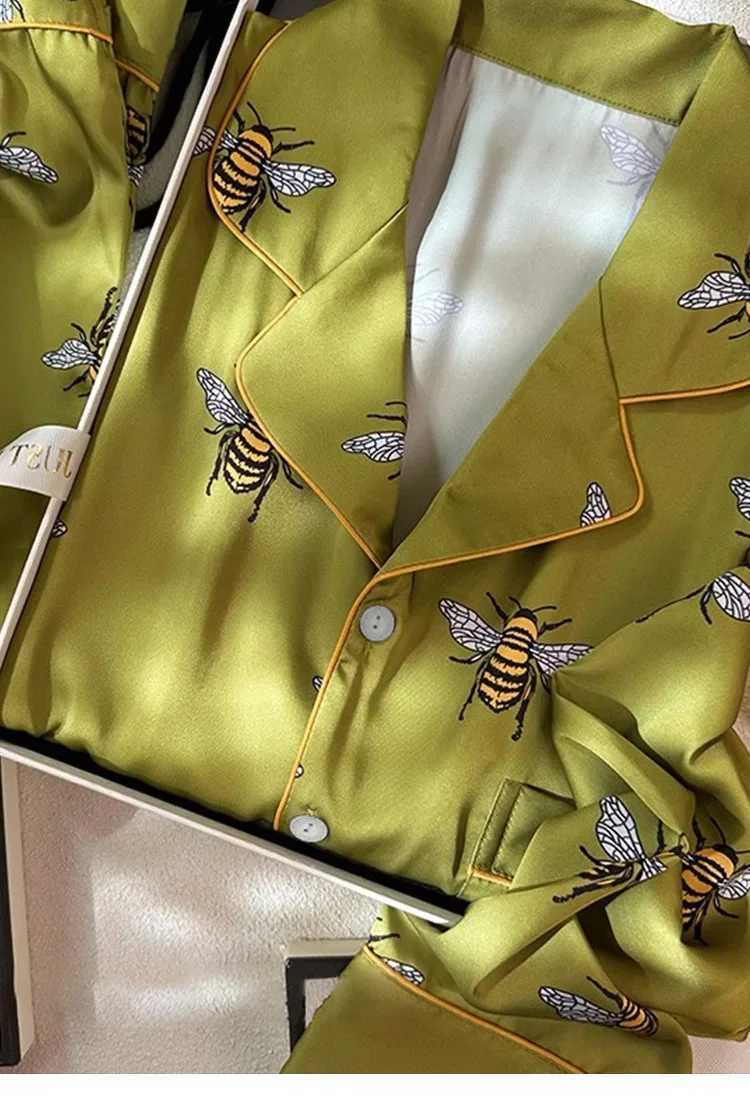 Bee Print Women's Pama Set - Faux Silk Satin 2-Piece Pyjama Long Sleeve Sleepwear for Spring/Autumn ddmymoon