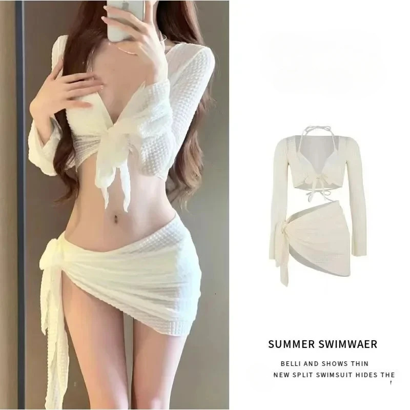 Sexy Bikinis Sets Women White Swimsuit Beach Wear Long Sleeve Swimsuit Cover Ups for Swimwear Women Swimming Pool Party Bikinis 250305Z