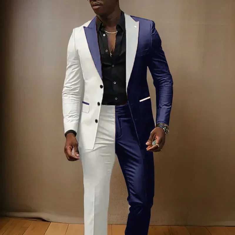Splice Color Men Suits Wedding Peaked Lapel 3 Buttons Groom Tuxedo Slim Bridegroom Suits 2 Pcs Jacket With Pants Fashion Design W250310