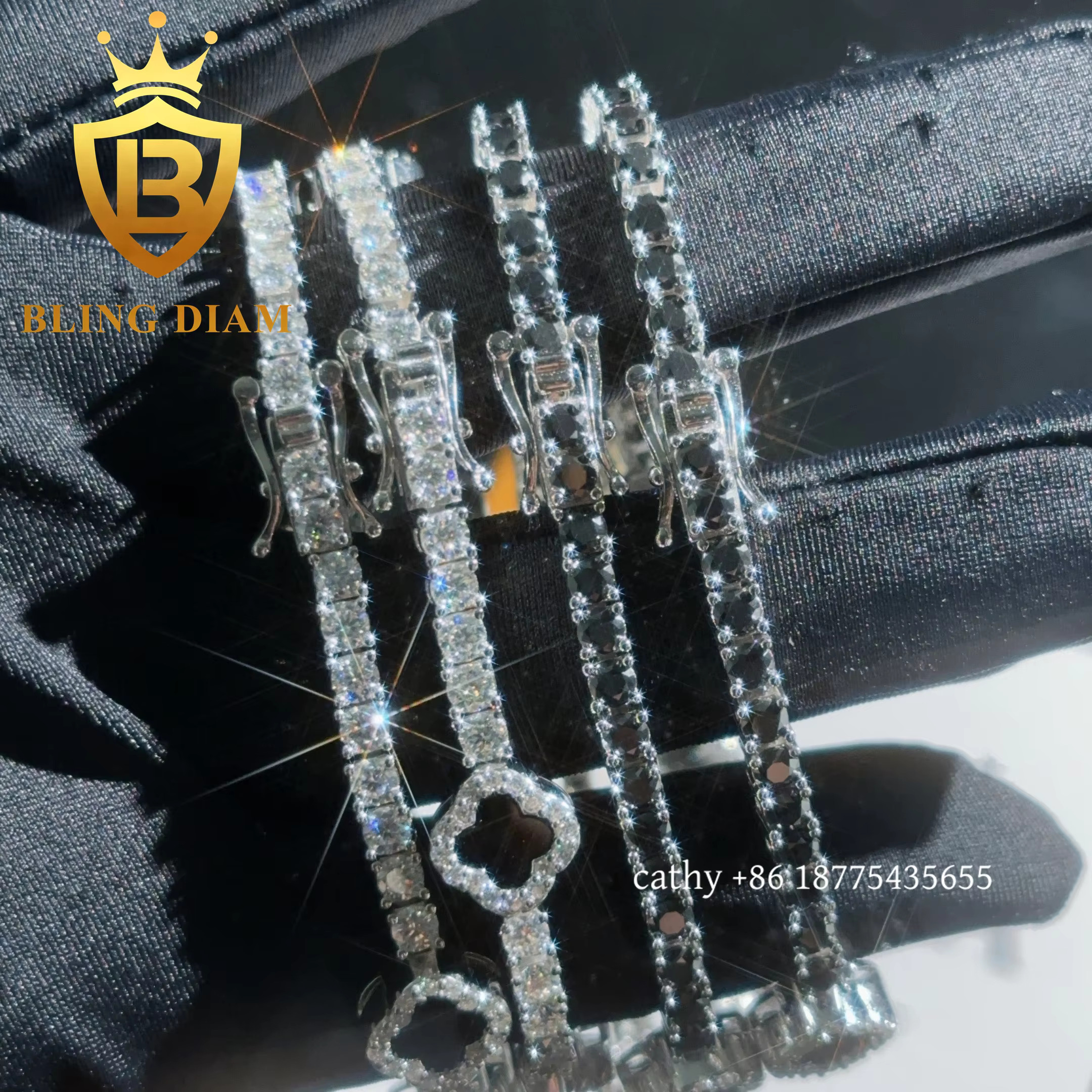 Fashion 3mm Black Clover Moissanite Tennis Chain Bracelet 925 Silver 3mm Moissanite Bracelet Pass Diamond test Hip Hop Bracelet