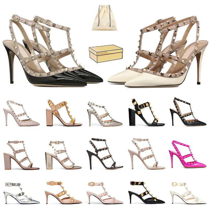 Luxury designer womens high heels dress shoes heel sandals rock stud kitten platform sandles white silver leather rivet peep-toes famous slingback