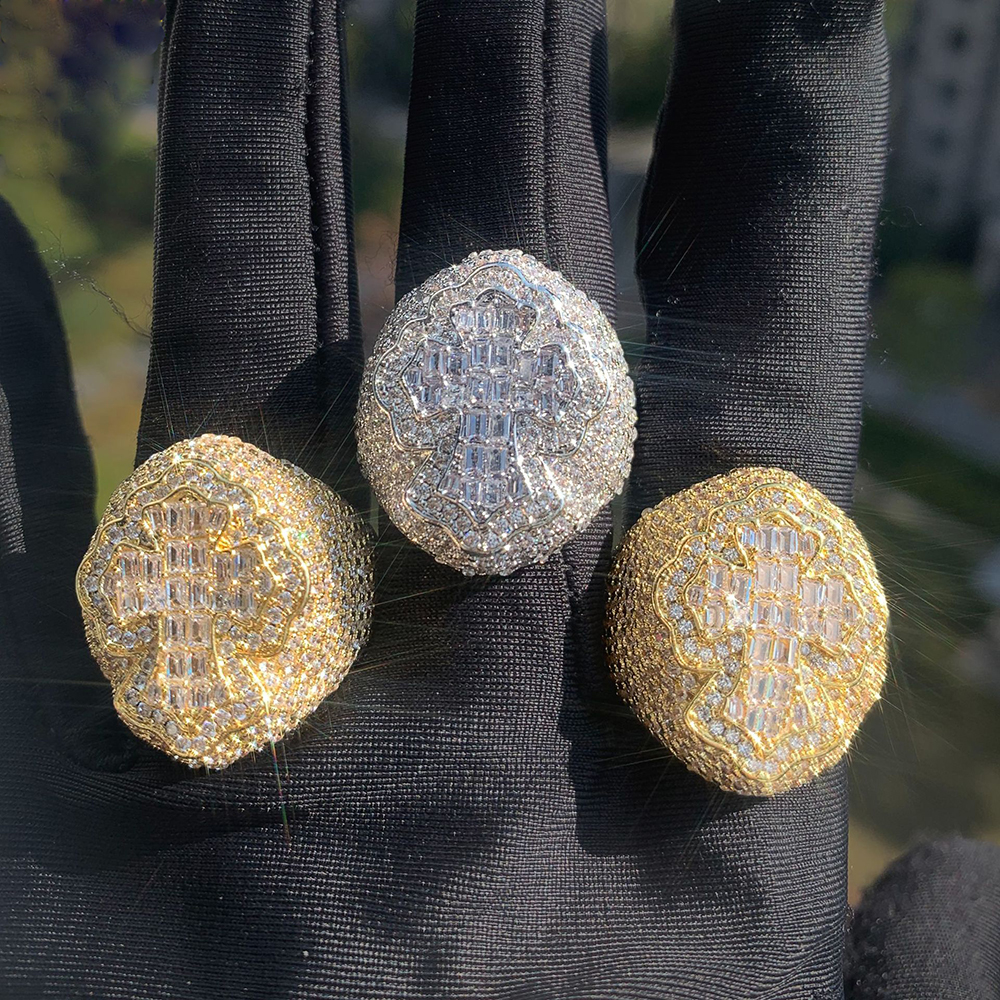 Hip Hop Casting Cross Oval Rings 18K Real Gold Plated Full 5A Zircon Jewelry Cool Men Gift