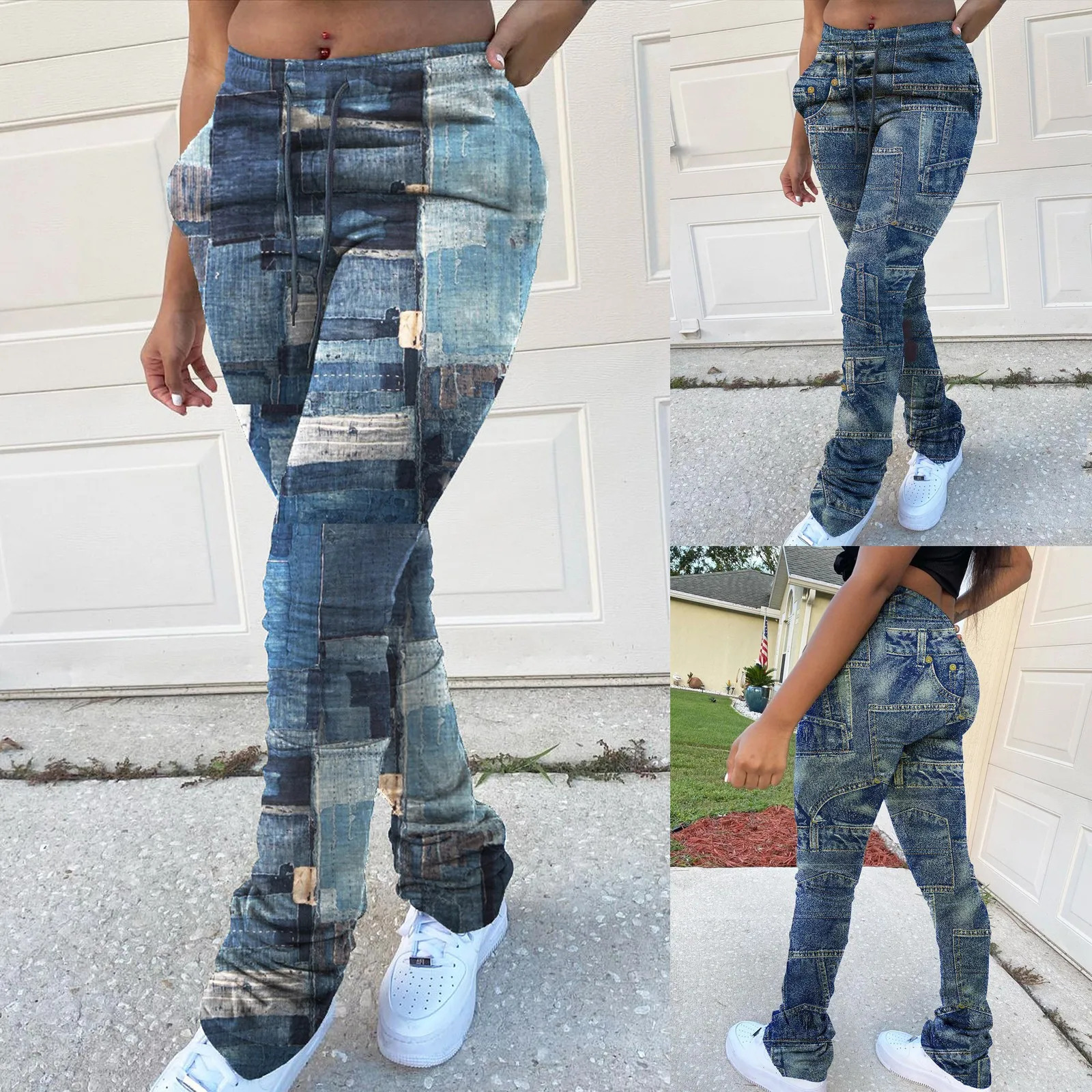 Cargo Pants Women Plus Size Casual Jeans Print Trousers Strap Long Pocket Pant Wide Pants Women High Waist Womens Pants 250305