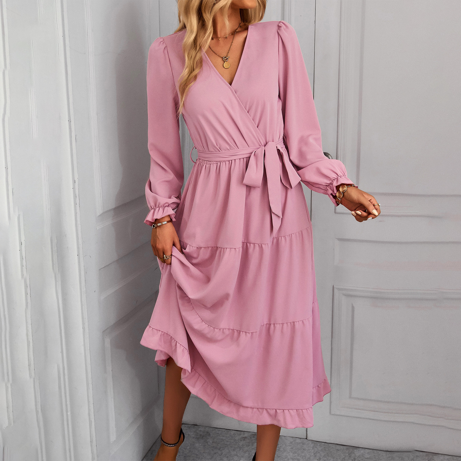 MU2290 Spring and Summer New Style Solid Color Large Swing Casual Dress Cross-border New Product Women's Long Dress