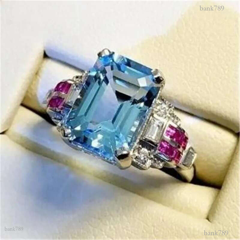 Size 6-10 Top Sell Luxury Jewelry 925 Sterling Silver Aquamarine CZ Diamond Gemstones Ruby Party Women Wedding Engagement Band Ring
