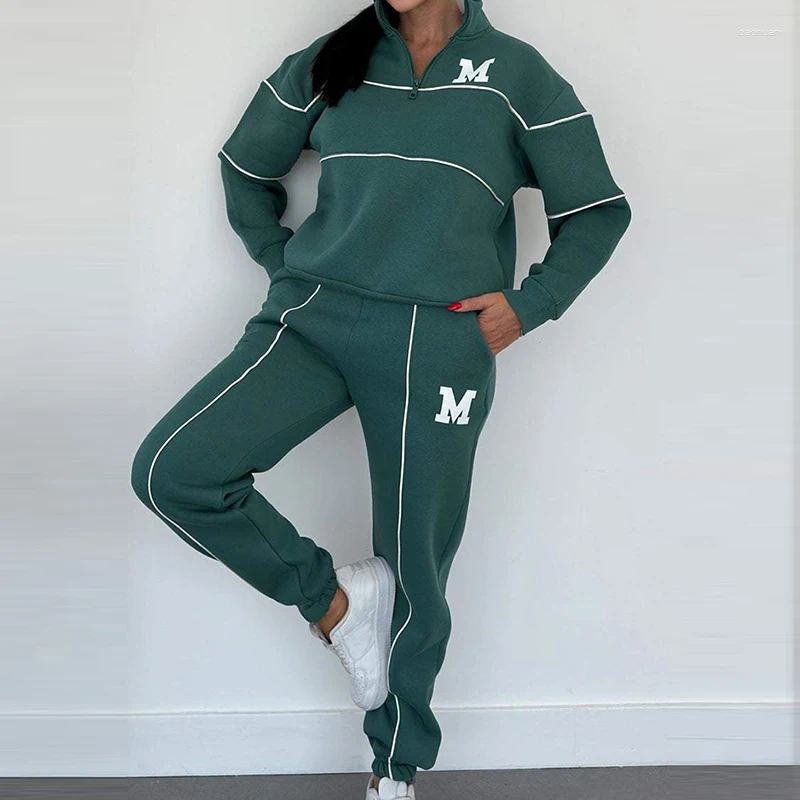 Women's Two Piece Pants Casual Letter Print Sports Set Autumn Hoodies Loose Outfit Women Stand Collar Long Sleeved Sweatshirt Suit