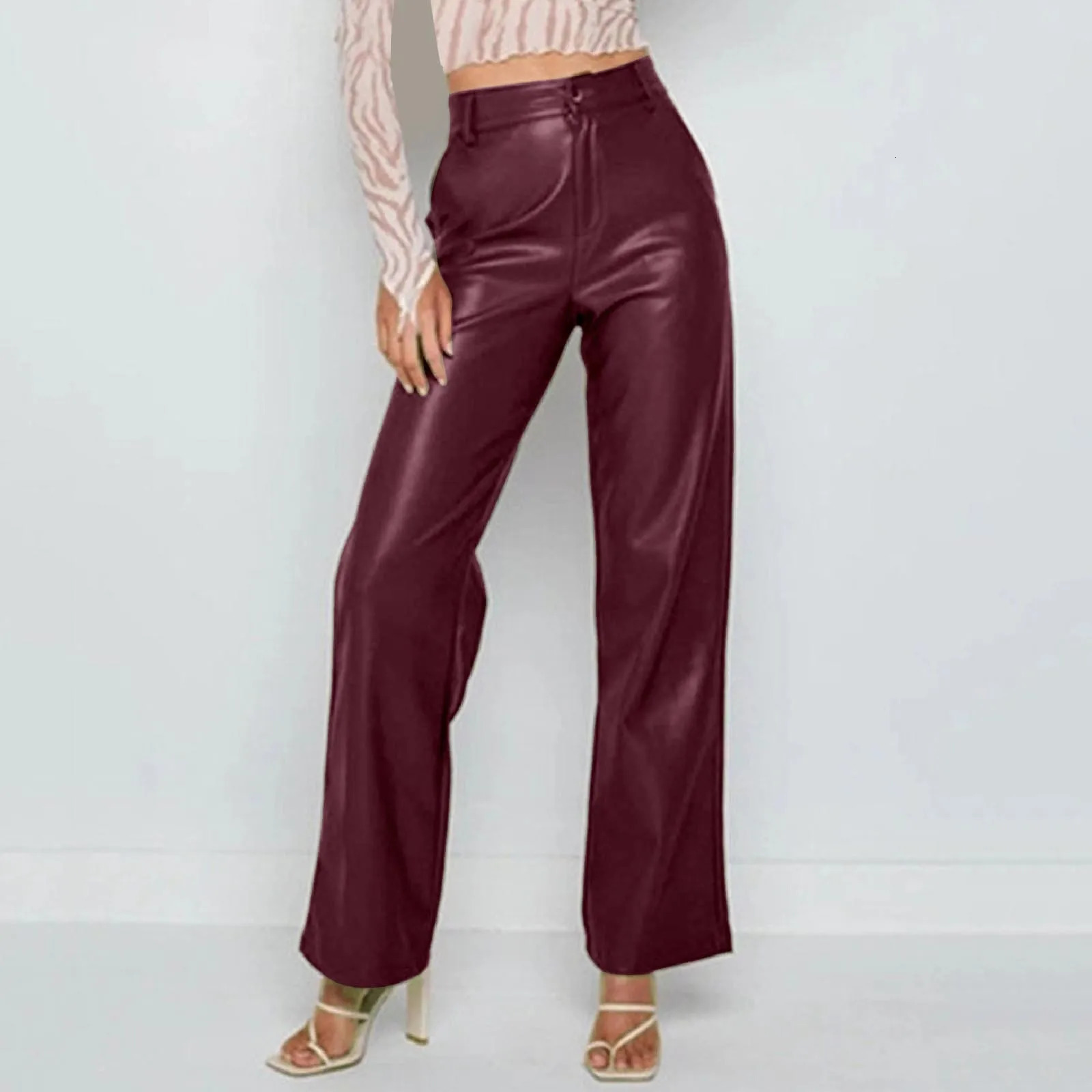 Elastic Straight Tube Womens Trouser Fashion Pu Leather Ladies Pants Vertical Tube Casual Pants For Fine Women Stylish Women 250305