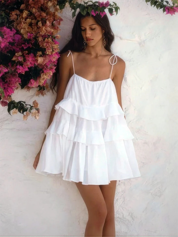 Pink Short Dress Woman Cotton Layered Loose Beach Sundress Summer Strap Sleeveless Ruffle Babydoll Dresses White 250306