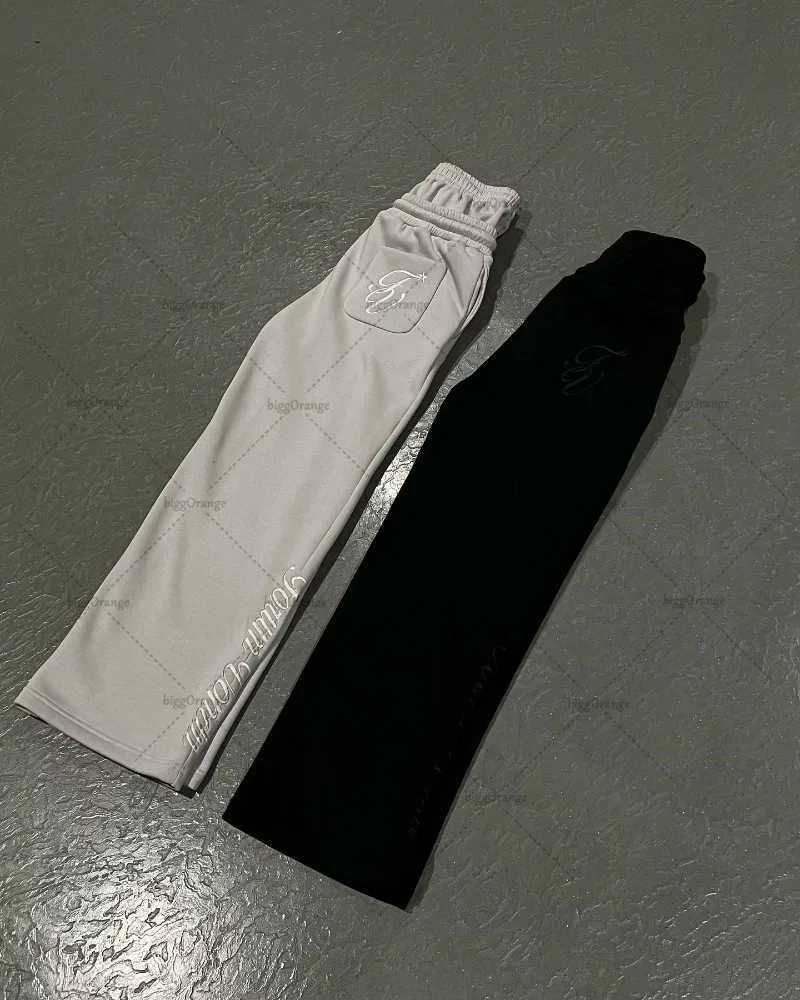 Double waist letter embroidered sports pants European and American street fashion clothing brushed straight wide leg pantsT250319