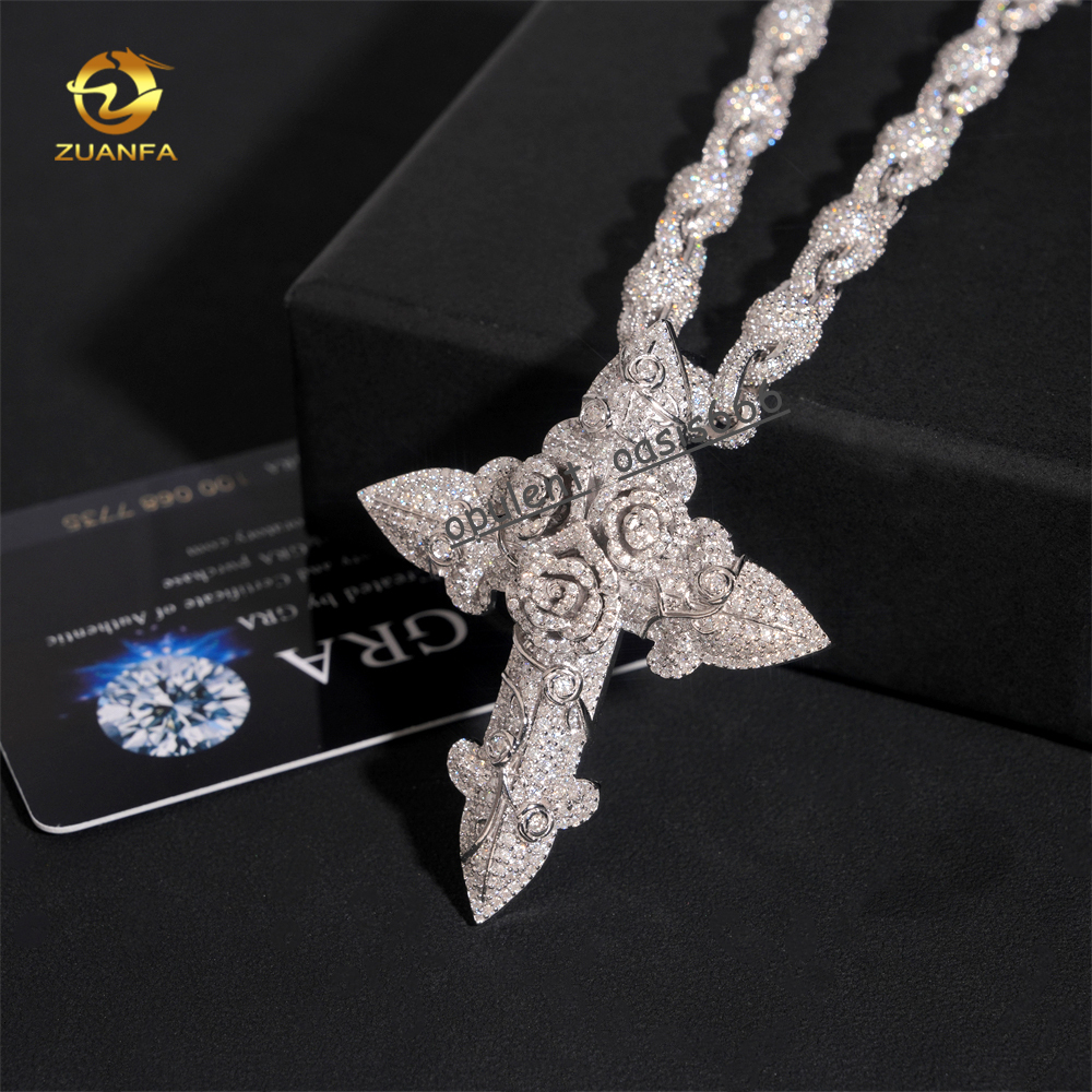 Hip Hop Jewelry Iced Out Luxury Cross Pendant for Cuban Link Chain 925 Silver Moissanite Diamond Charm Pendant