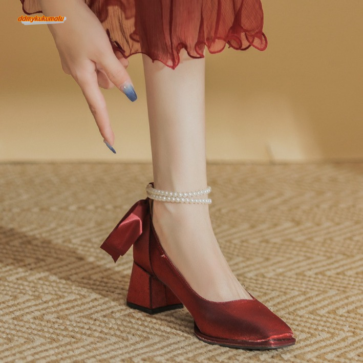 Thick heeled wedding high-heeled bridal 2025 spring new Mary Jane women's shoes, square toe single shoes ddmykukumalu