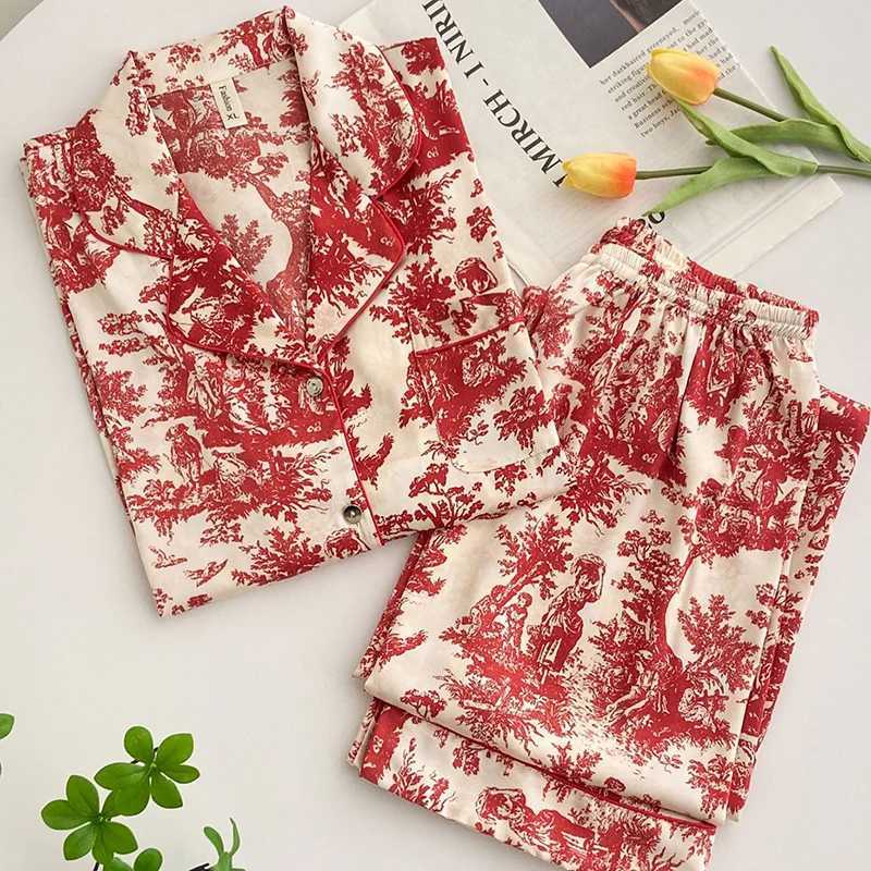 Fashion Print Flower 2PCS Pajamas Set Women Sleepwear Spring Summer Trouser Suits Lounge Wear Loose Satin Homewear Pijamas SuitC250310