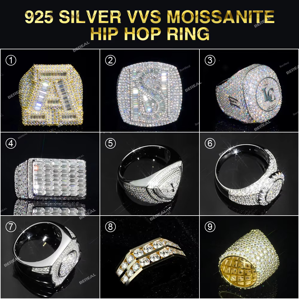 Wholesale Vvs Baguette Moissanite Hip Hop Six-pointed Star Men Ring Iced Out 925 Silver Diamond Cuban Link Cross Rings