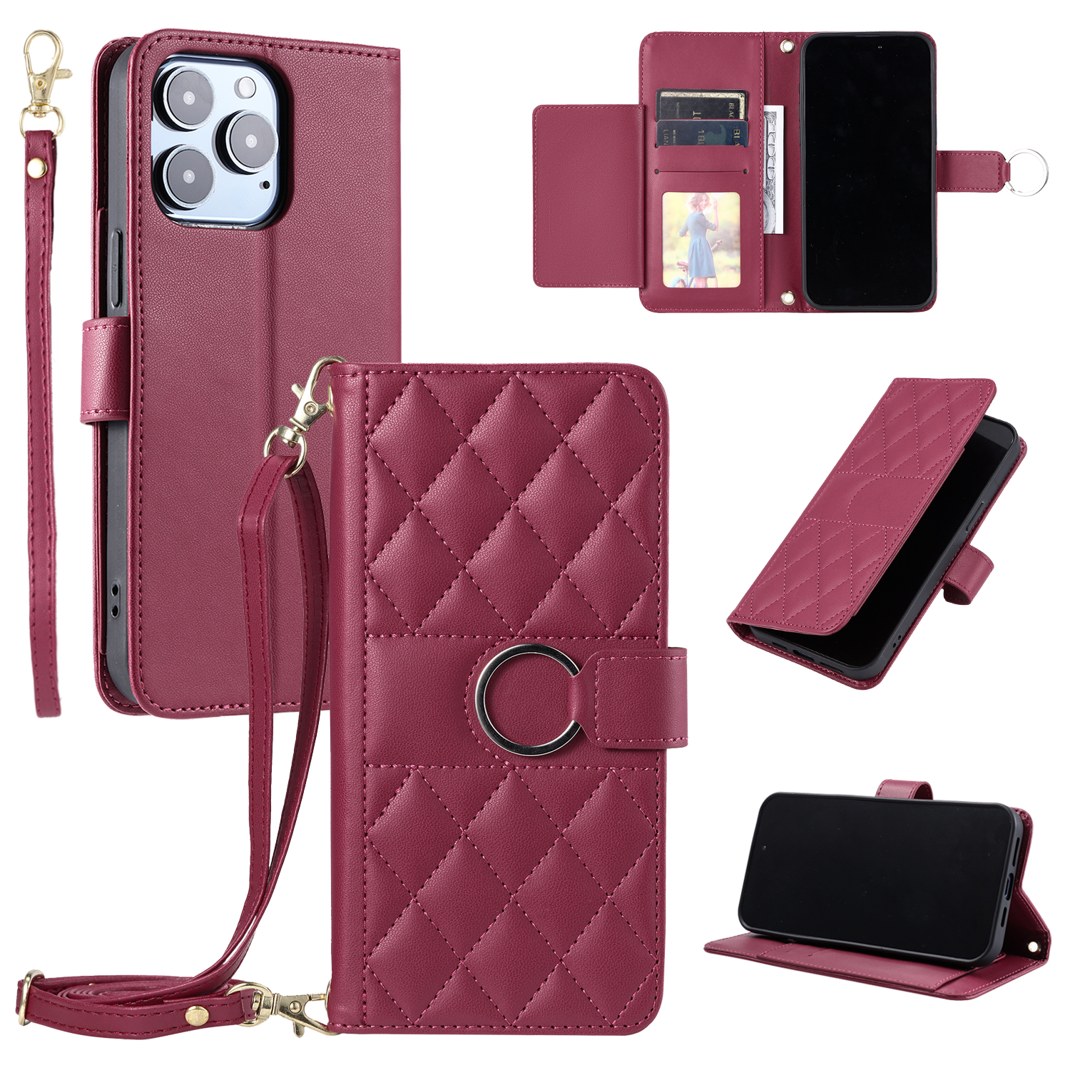 Luxury Ring Buckle Flip Leather Crossbody Lanyard Strap Wallet Case For For iPhone 16E 16 15 14 13 12 11 Pro Max Samsung S25 Edge Ultra S24 FE S23 A06