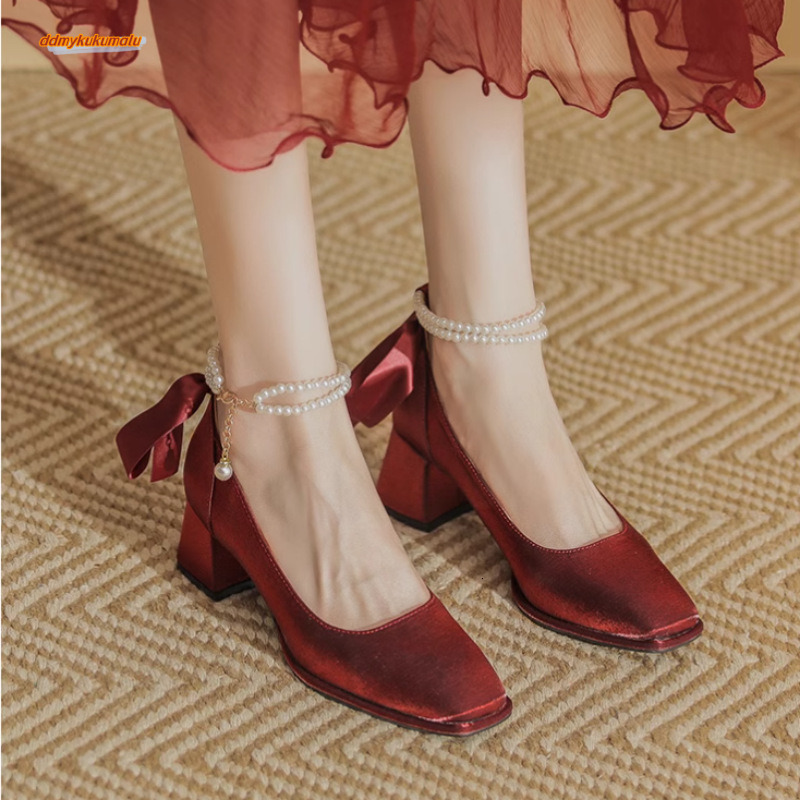 Thick heeled wedding high-heeled bridal 2025 spring new Mary Jane women's shoes, square toe single shoes ddmykukumalu
