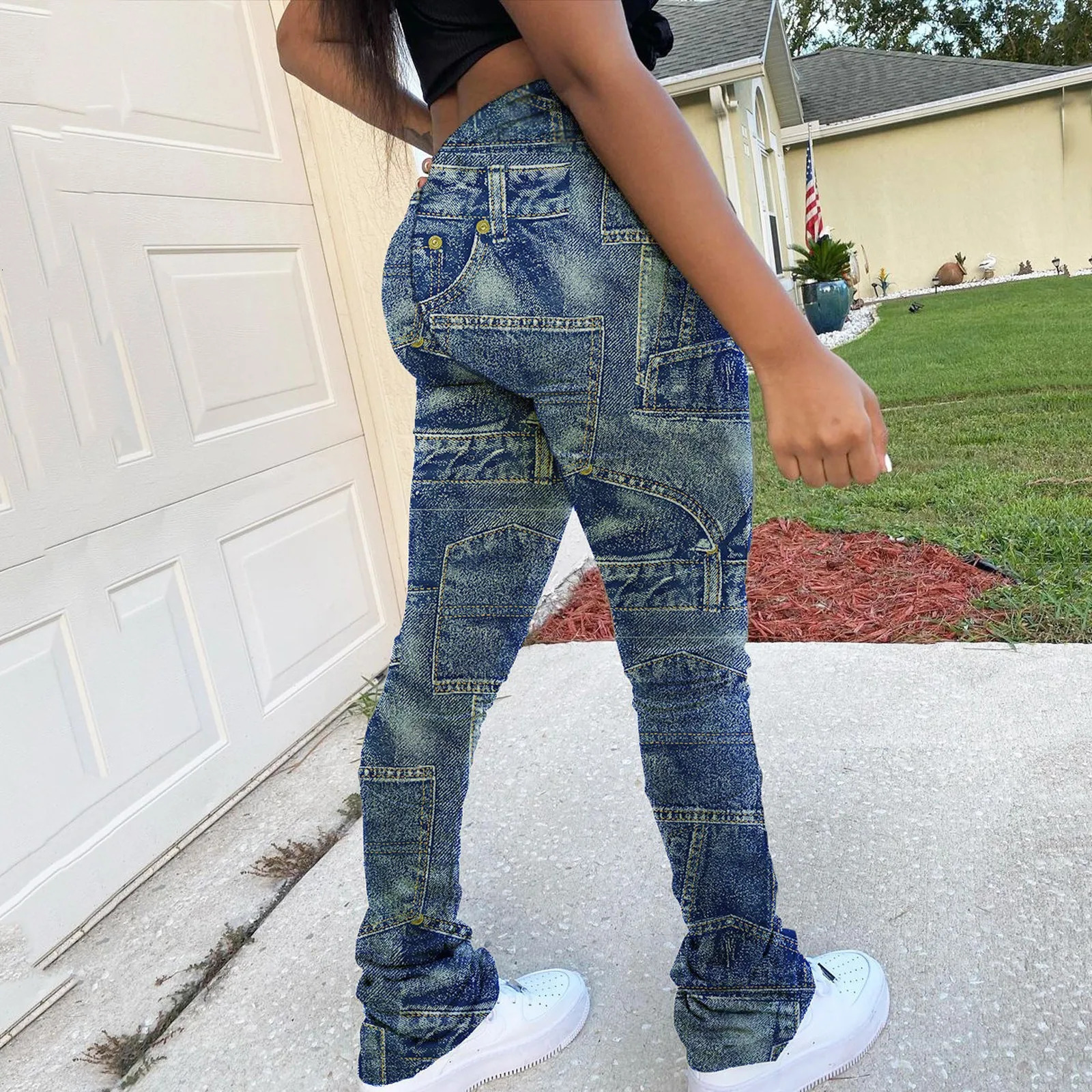 Cargo Pants Women Plus Size Casual Jeans Print Trousers Strap Long Pocket Pant Wide Pants Women High Waist Womens Pants 250305