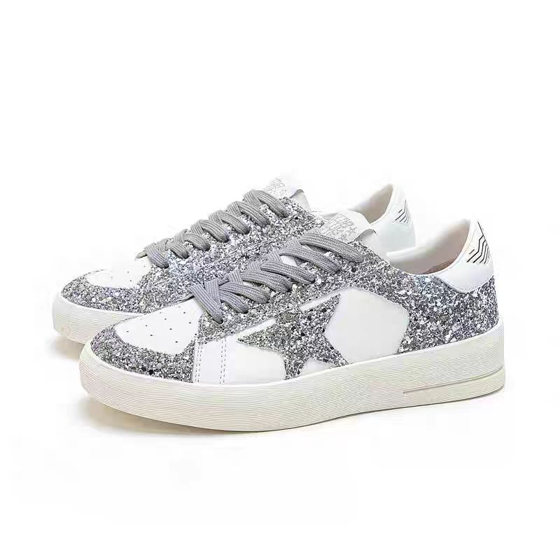 New style Women Star glitter Board Shoes Hot Sale Vintage White Shoes Thick-soled Athleisure Style Shoes Trendy silvery Free shipping size 35-40